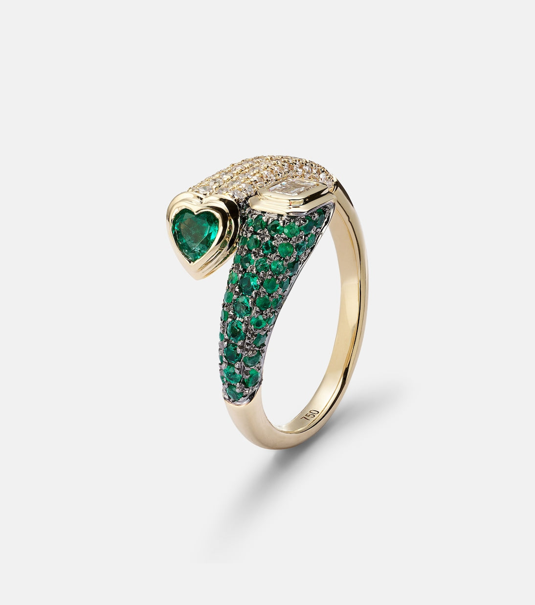Shay Jewelry - Mixed Bypass 18kt gold ring with emeralds and diamonds