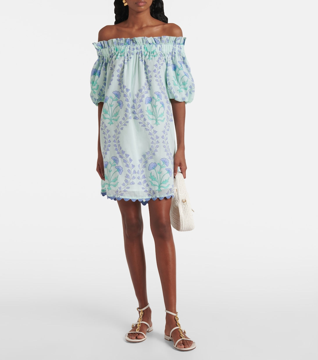 Juliet Dunn - Printed off-shoulder cotton minidress
