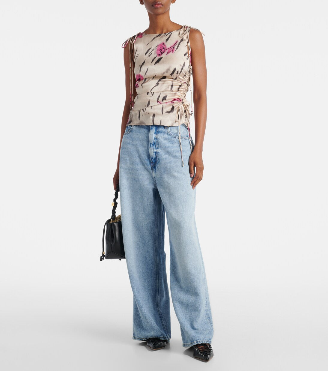 Ganni - Floral ruched satin top