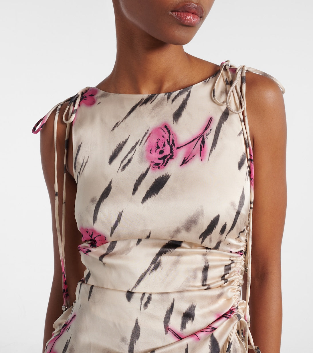 Ganni - Floral ruched satin top