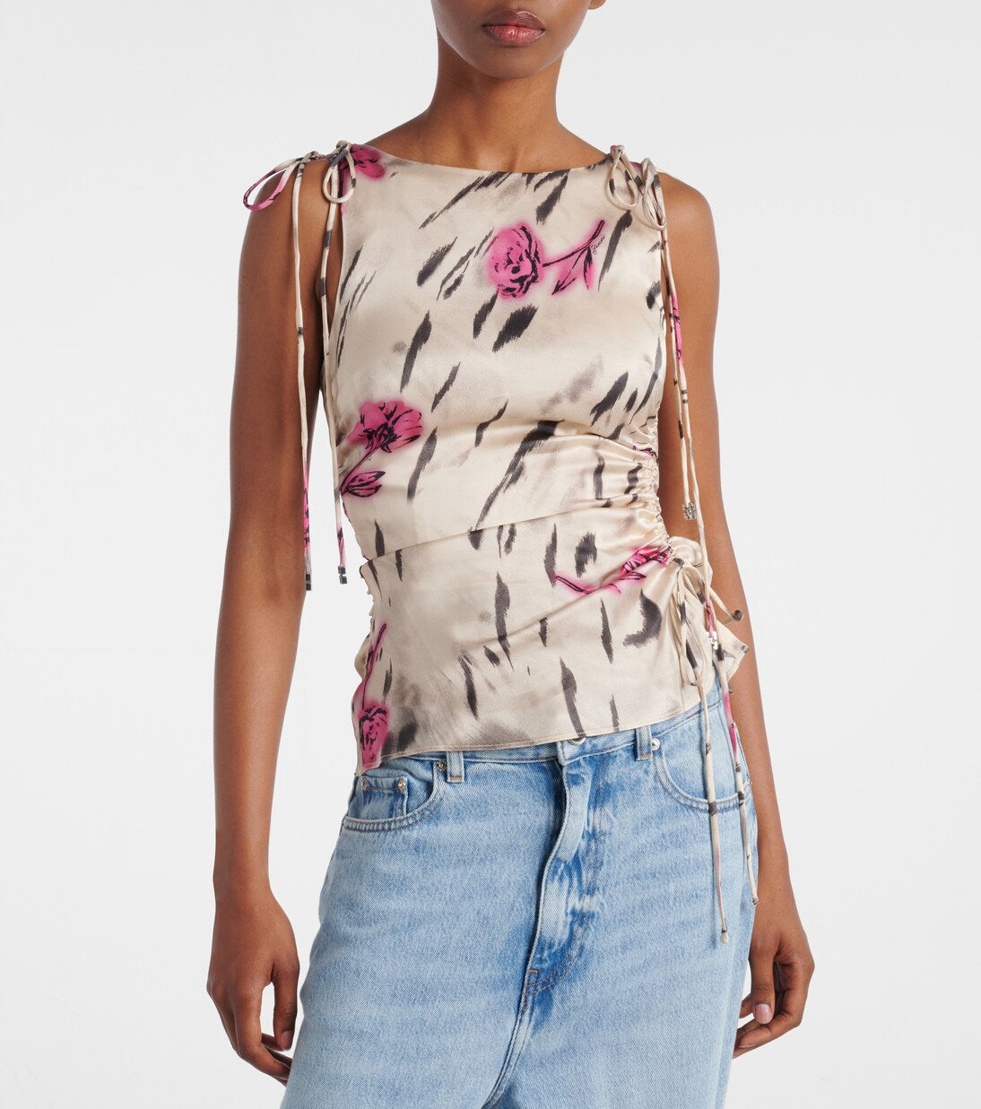 Ganni - Floral ruched satin top