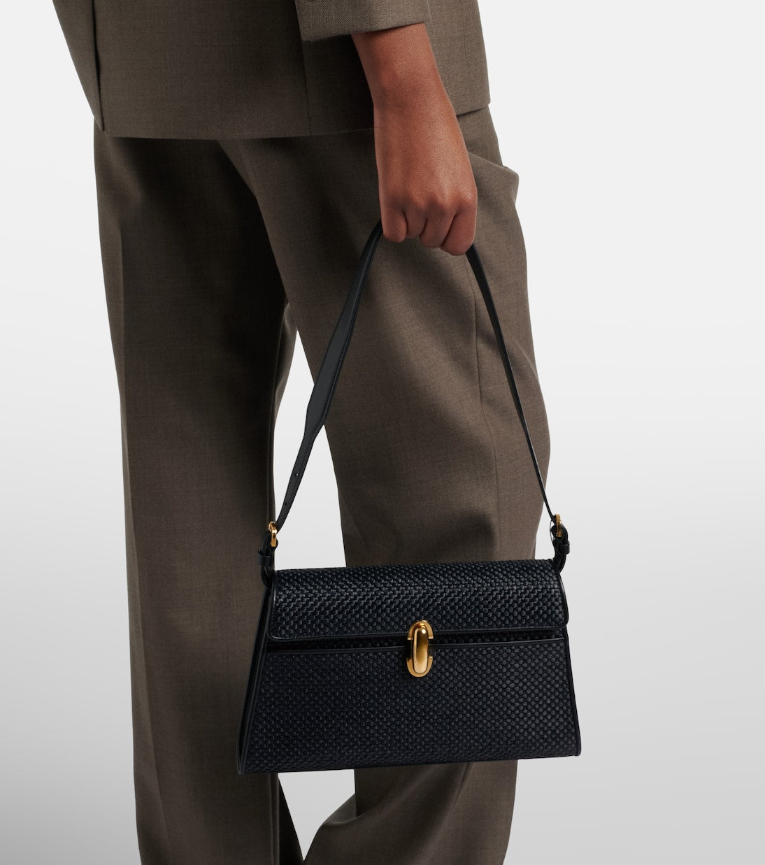 Savette - Symmetry leather-trimmed raffia shoulder bag
