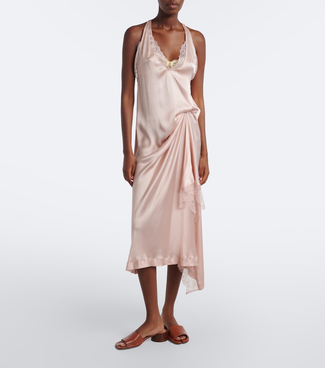 Maison Margiela - Gathered lace-trimmed satin slip dress