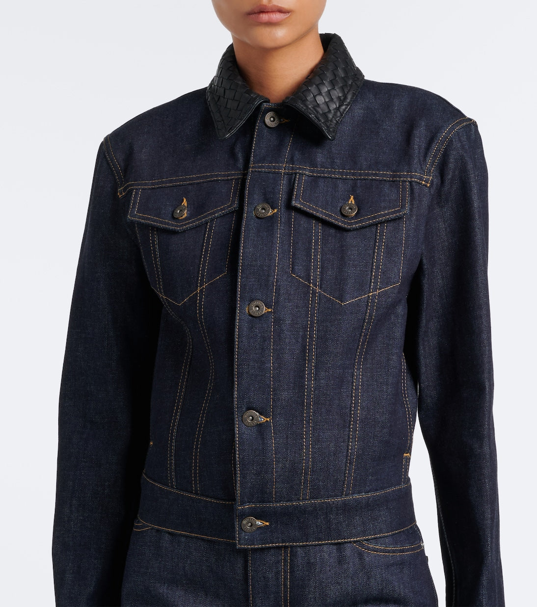 Bottega Veneta - Intrecciato leather-trimmed denim jacket
