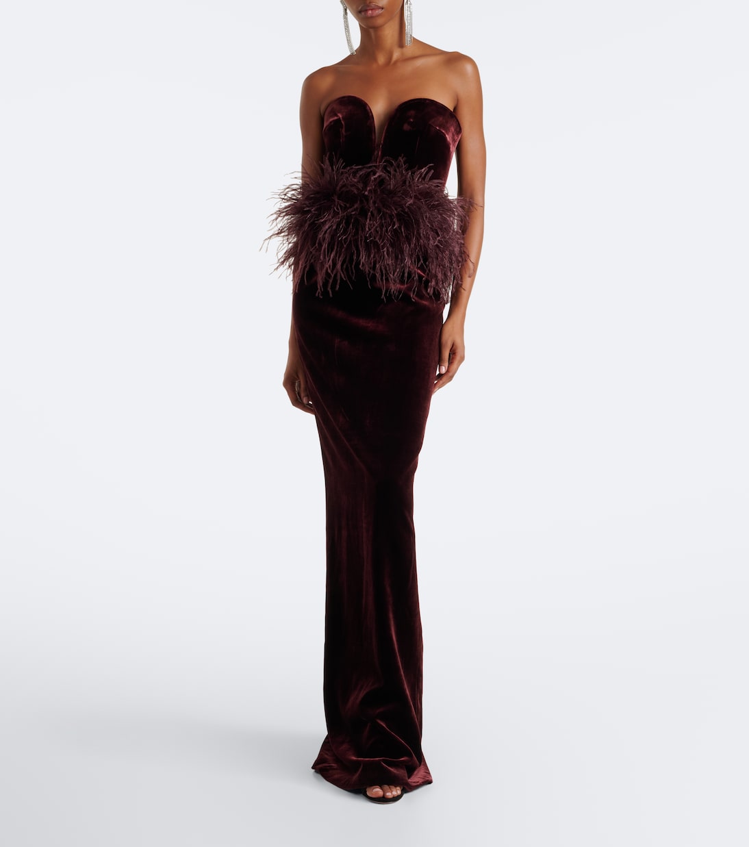 The New Arrivals Ilkyaz Ozel - Feather-trimmed velvet bustier gown