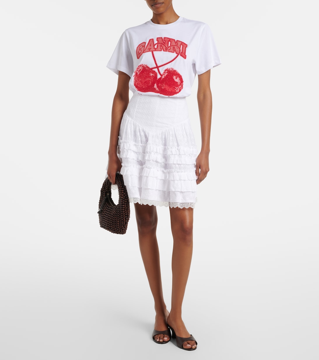 Ganni - Broderie anglaise tiered cotton miniskirt