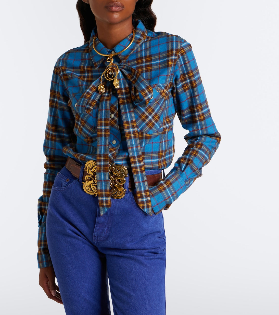 Chloé - Bow-detail checked cotton flannel shirt
