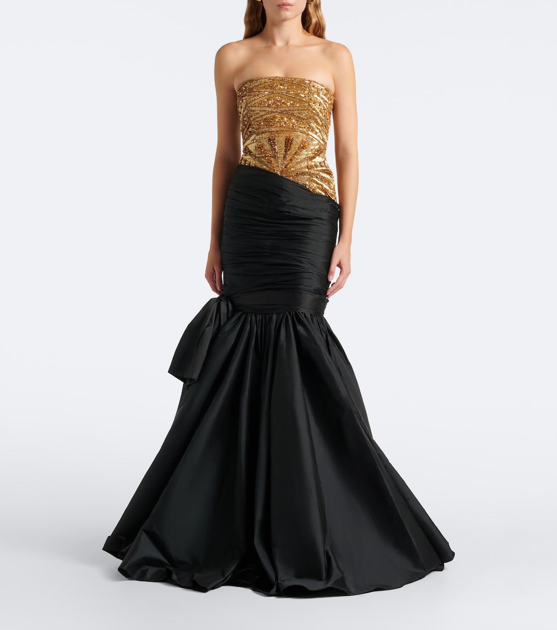 Là Fuori - Gilded Geo draped sequined bustier gown