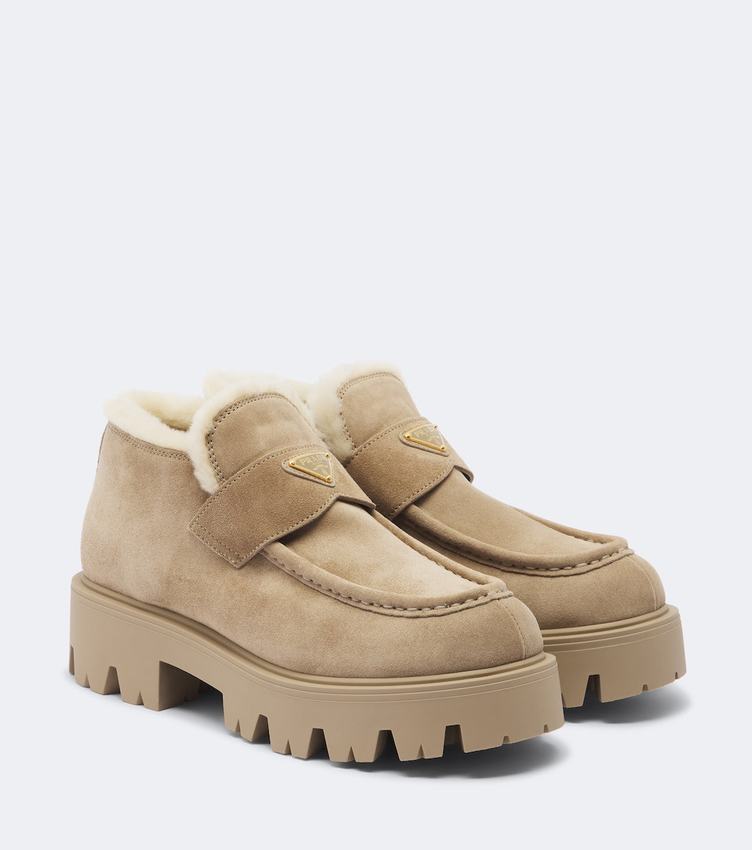 Prada - Shearling-trimmed suede platform ankle boots
