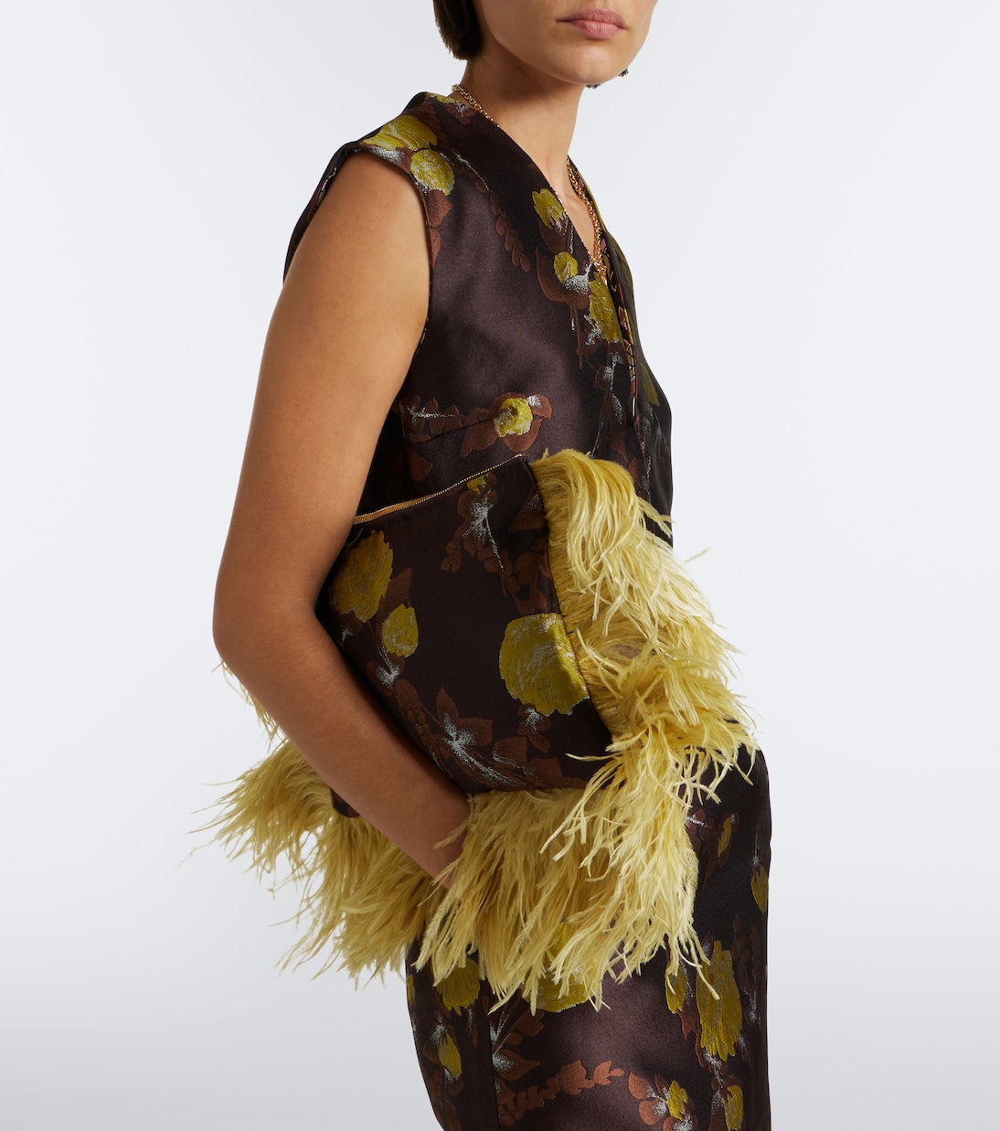 La DoubleJ - Devon feather-trimmed jacquard clutch
