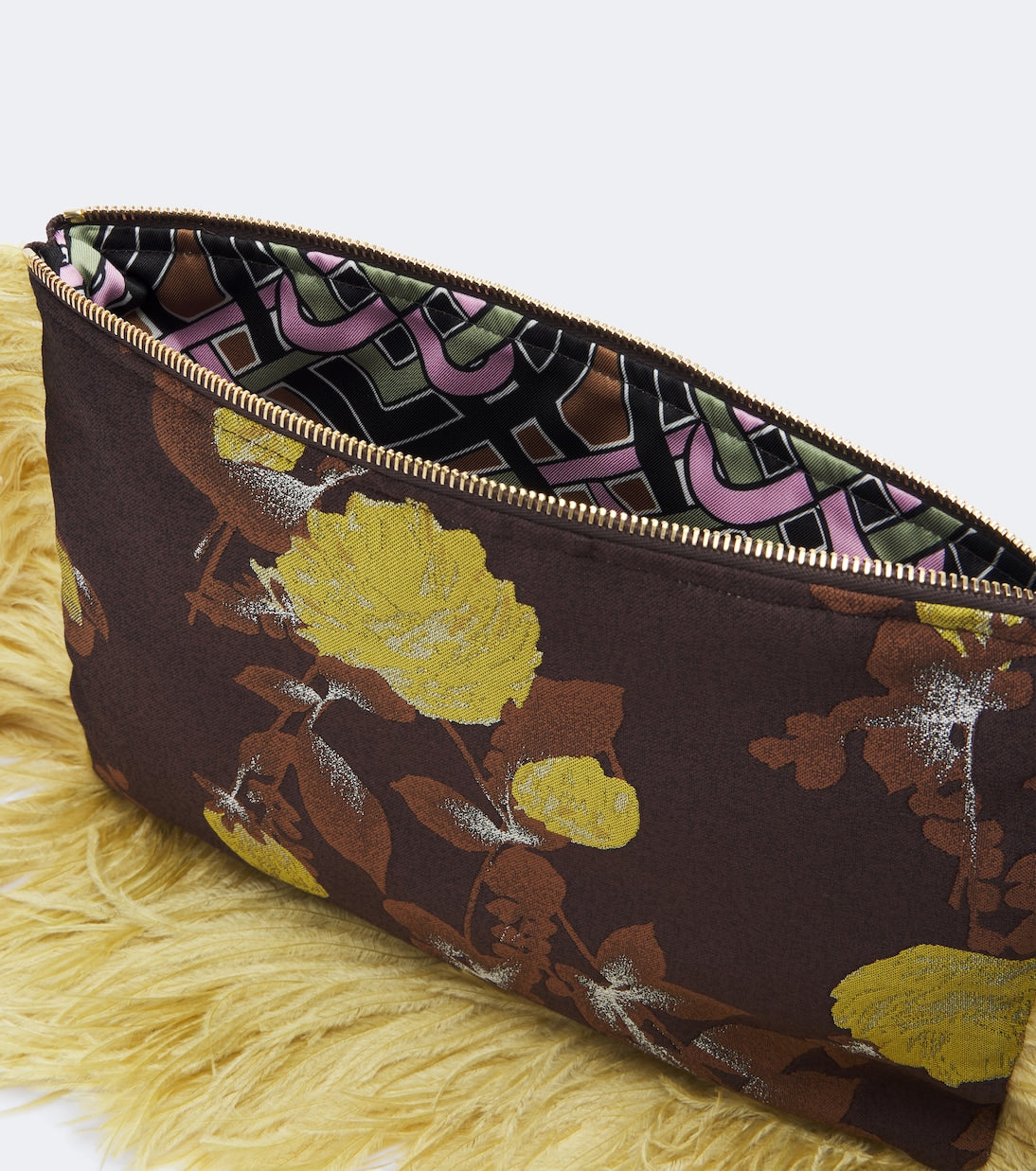 La DoubleJ - Devon feather-trimmed jacquard clutch