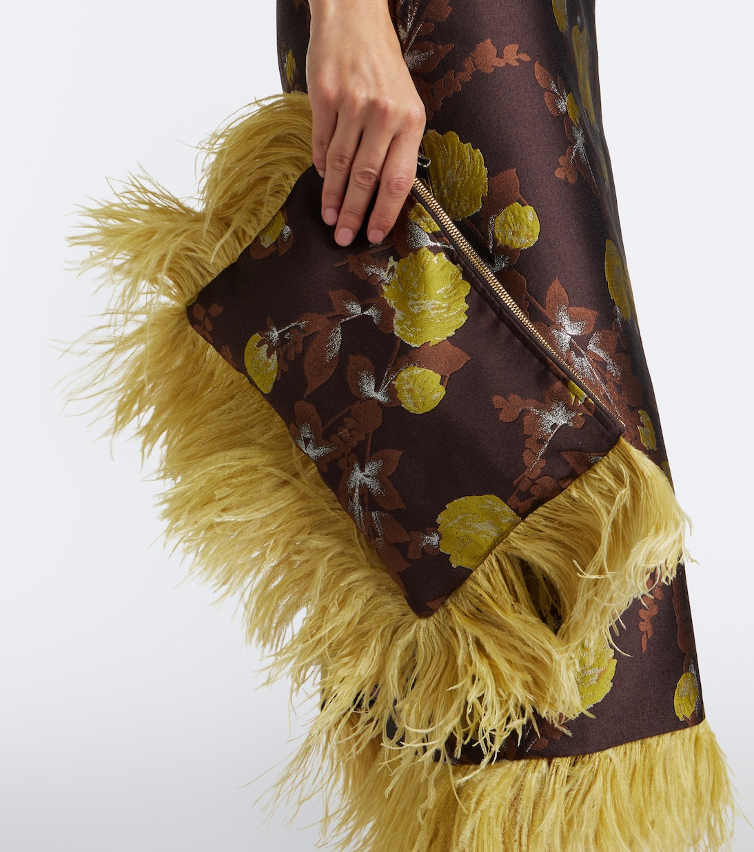 La DoubleJ - Devon feather-trimmed jacquard clutch